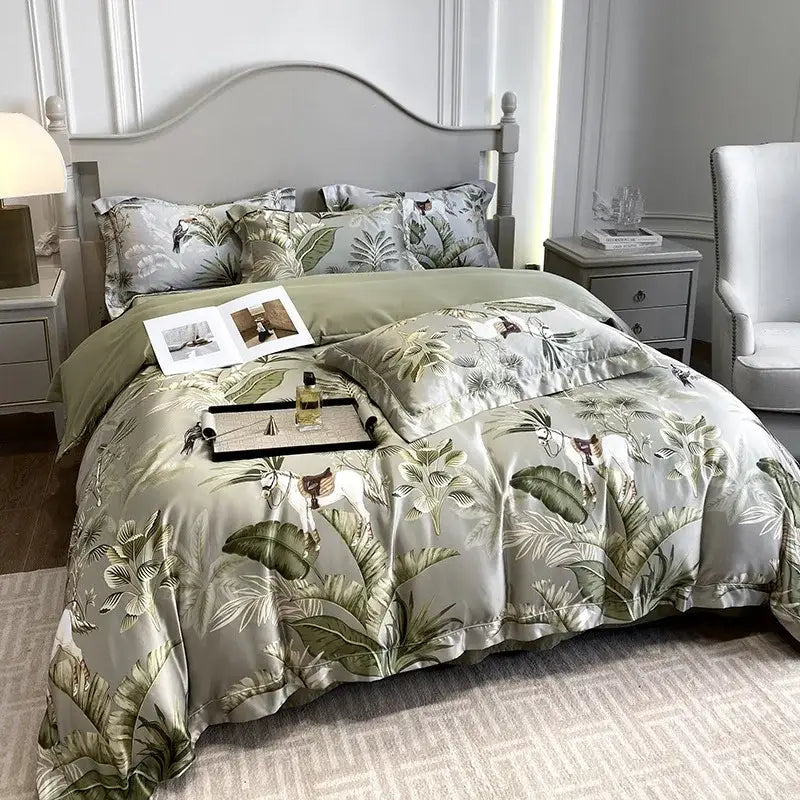 Luxurious sage green tropical bedding set in decorbites 3d printed faux silk with detailed leaves and animals design