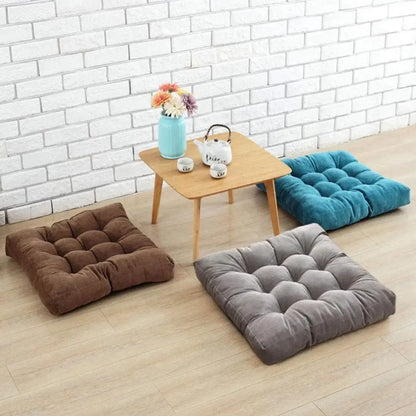 Three square tufted floor cushions in brown gray and teal velvet as corduroy floor seat cushions decorbites style