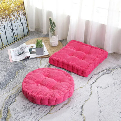 Bright pink decorbites corduroy tufted floor seat cushion with quilted design for living room chair pad decor