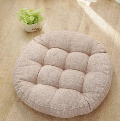 Beige tufted kids round floor cushion with textured linen fabric for bedroom seating decorbites kids round use