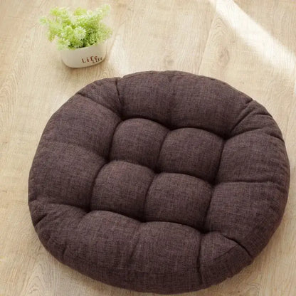 Brown tufted kids round floor cushion with textured fabric surface for bedroom seating by decorbites kids round