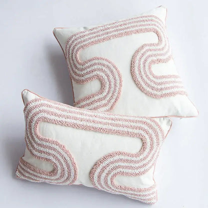 Cream-colored cotton loop tufted cushion cover with soft pink and white wave patterns for living room decorbites decor