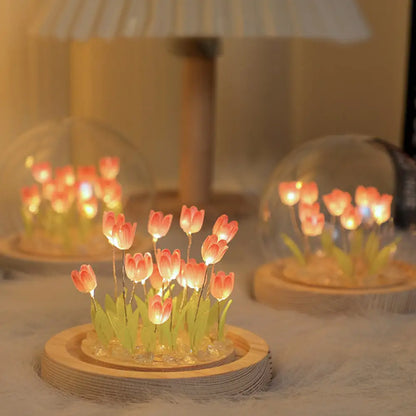 DecorBites tulip night light with pink LED tulip flowers in a clear glass dome on a wooden base battery operated