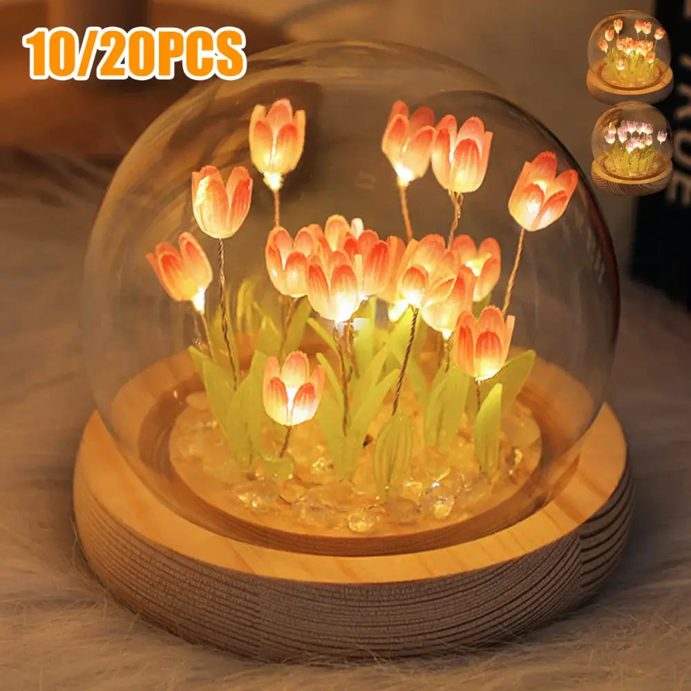 Decorbites tulip night light with illuminated pink tulips in a glass dome on wooden base battery operated bedside lamp