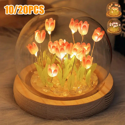 Decorbites tulip night light with illuminated pink tulips in a glass dome on wooden base battery operated bedside lamp