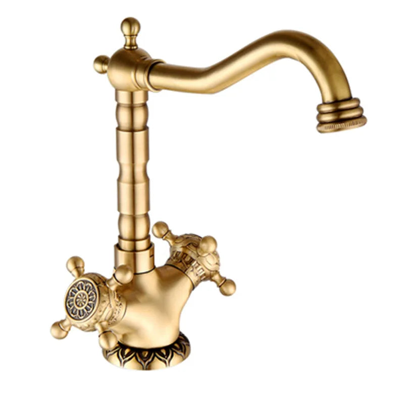 Tuqiu antique brass deck mounted kitchen faucet with ornate carved design and decorative cross handles single hole installation