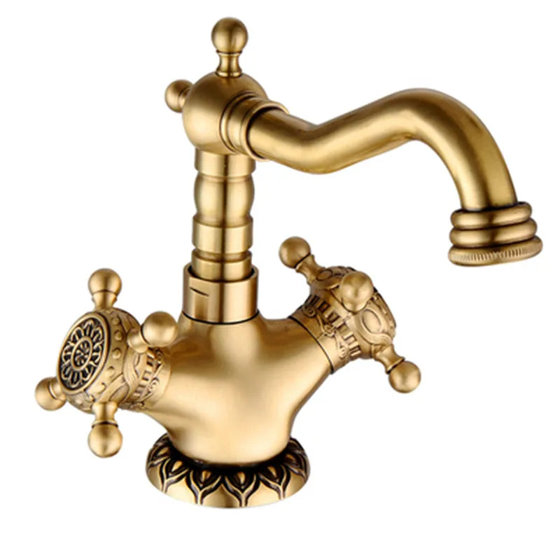 Tuqiu antique brass bathroom faucet single hole deck mounted with ornate fluted handles and curved spout for basin sink