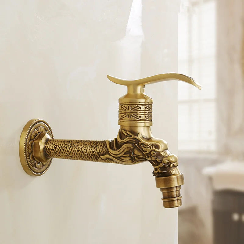 Tuqiu antique brass washing machine faucet with intricate dragon head design and textured body for outdoor use
