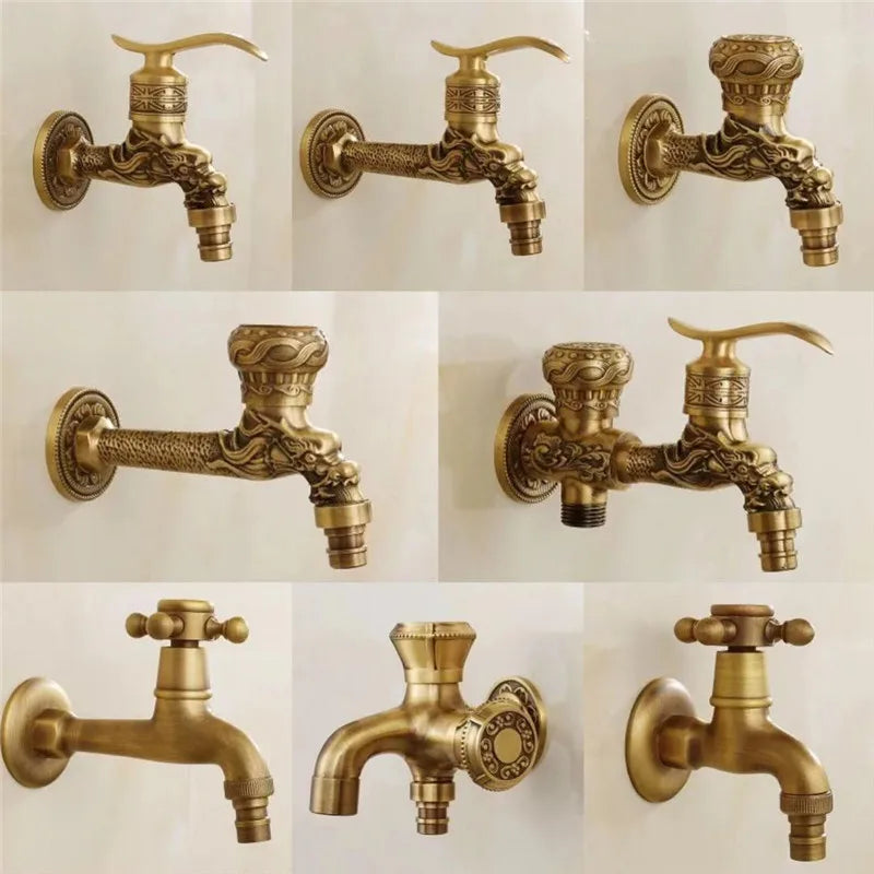 Antique brass tuqiu wall-mounted washing machine faucet with dragon carved ornamental design for outdoor use