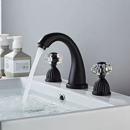 Tuqiu gold basin faucet black brass widespread sink tap with crystal knobs and curved spout for cold water use
