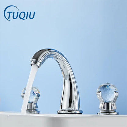 Tuqiu gold basin faucet with chrome finish, crystal knob handles, sleek arched spout, designed for cold water use