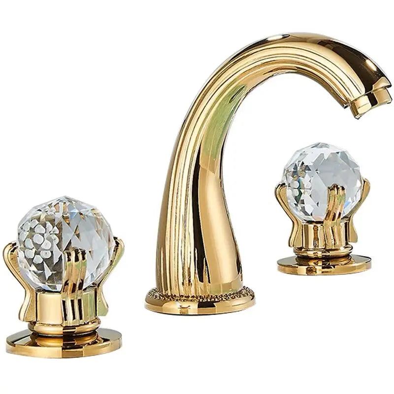 Tuqiu gold basin faucet with a curved spout and two crystal knob handles for hot and cold water use in bathroom sinks