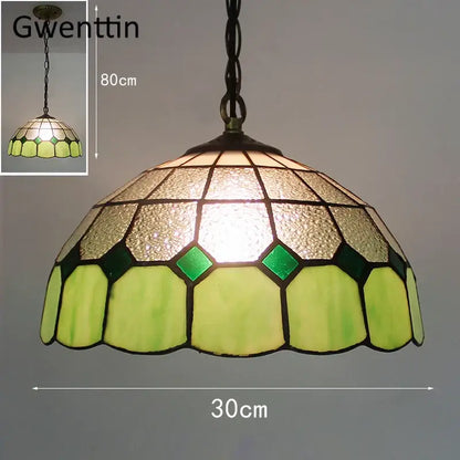 Green and gold diamond square stained glass pendant light with chain suspension for kitchen lighting