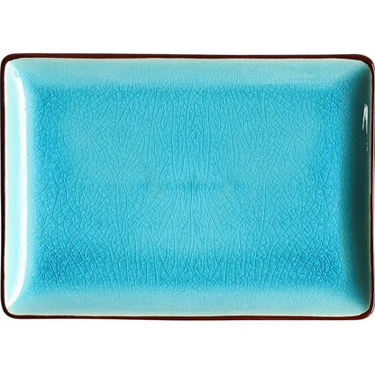 A turquoise crack glaze ceramic plate with a subtle crackle texture and dark brown rim by decorbites blue ice