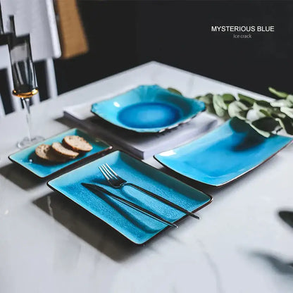Set of turquoise crack glaze ceramic plates in vibrant decorbites blue ice with an ice crack glaze finish for dining
