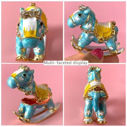 Blue enamel rocking horse figurine with gold accents and rhinestones decorbites crystal animal trinket box decor