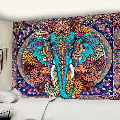 Vibrant turquoise and gold ornate decorbites elephant mandala wall hanging with intricate floral patterns for bedroom decor