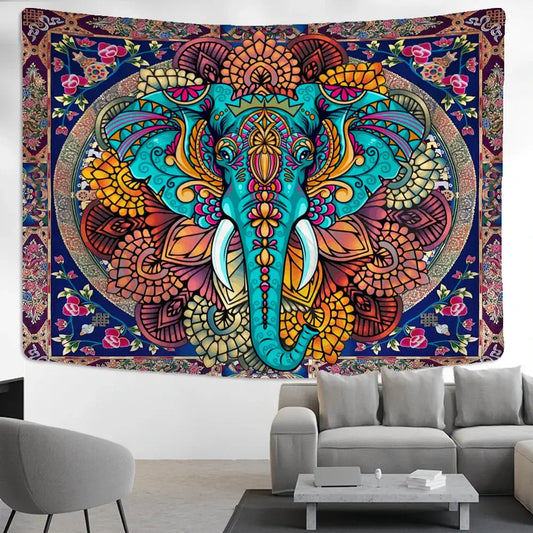 Vibrant turquoise and gold elephant mandala tapestry with intricate floral borders for wall hanging decorbites decor
