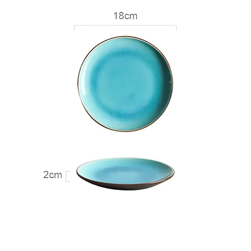 Turquoise ice cracking glaze ceramic plate 18cm with smooth glazed surface and subtle dark rim from tableware set