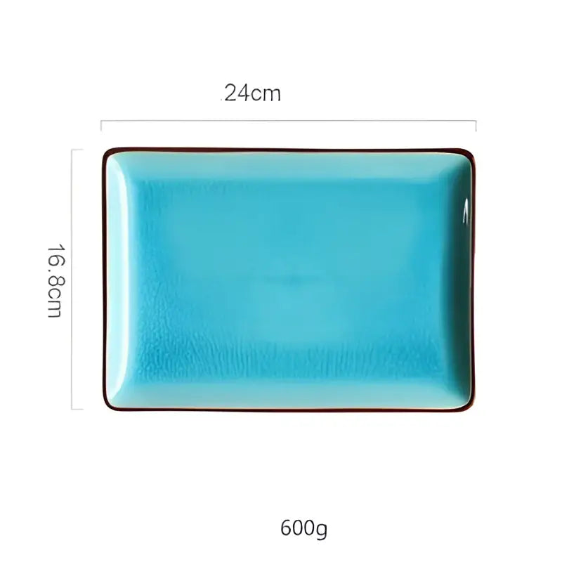 A rectangular ceramic tableware set plate with turquoise ice cracking glaze and dark brown rim for dining room use