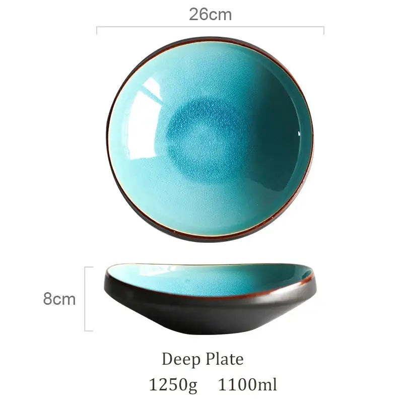 Ceramic deep plate with turquoise ice cracking glaze and dark brown rim in a ceramic tableware set for dining use