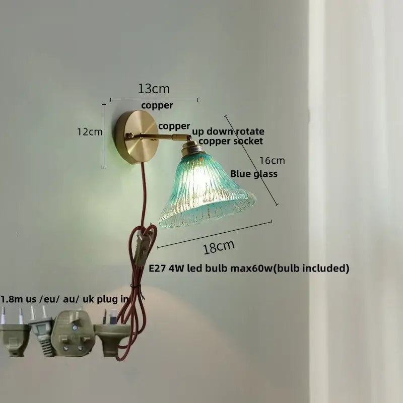 Vintage-style blue glass wall sconce with turquoise textured shade copper base and rotatable socket for staircase decorbites blue glass