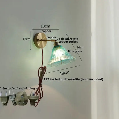 Vintage-style blue glass wall sconce with turquoise textured shade copper base and rotatable socket for staircase decorbites blue glass