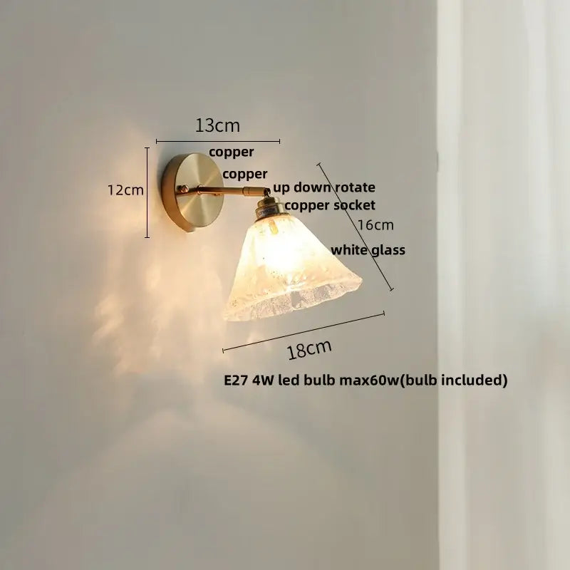 Copper-finished wall sconce with white textured glass shade complements decorbites blue glass wall for staircases with pull chain