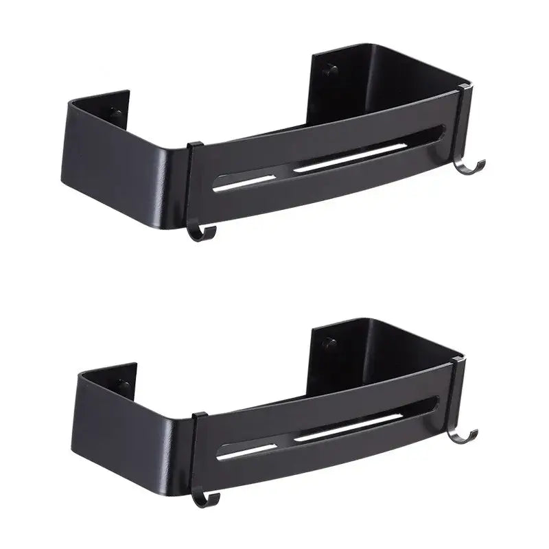 Black metal wall-mounted spice rack with hooks and central slot as a decorbites black aluminum corner shelf for bathroom use