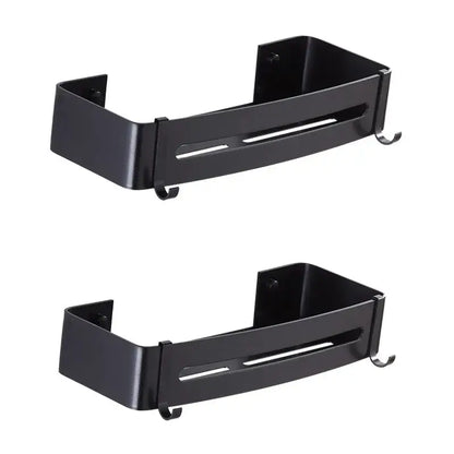 Black metal wall-mounted spice rack with hooks and central slot as a decorbites black aluminum corner shelf for bathroom use
