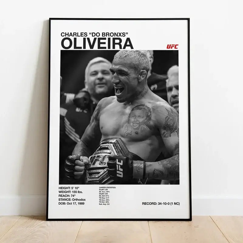 Black and white ufc canvas print of charles do bronx oliveira holding championship belt for gym decor