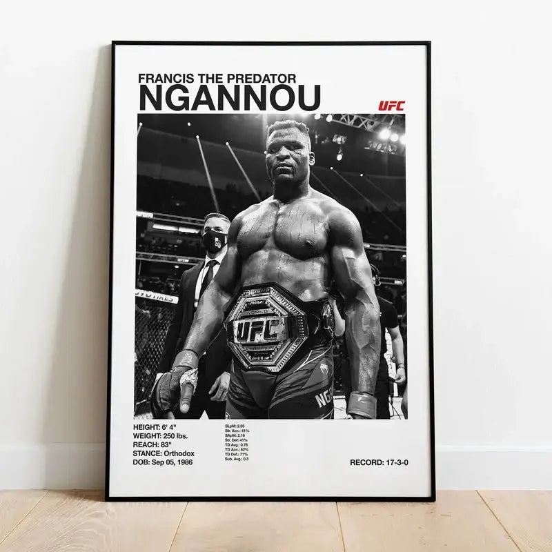 Black and white ufc canvas print featuring francis ngannou with championship belt for gym decor by decorbites