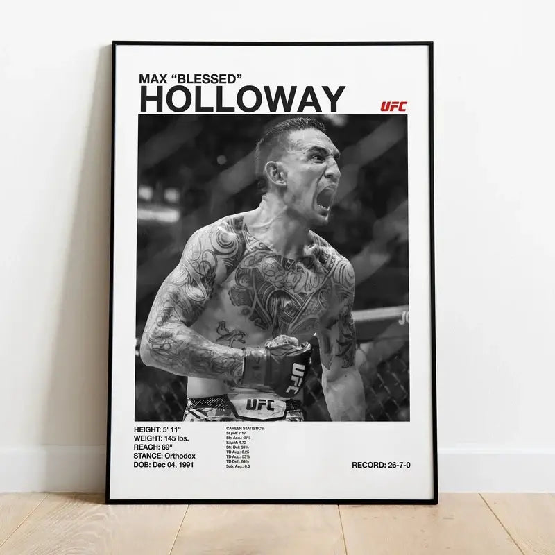 Black and white ufc canvas print of max blessed holloway in a roaring pose with championship belt for gym decor