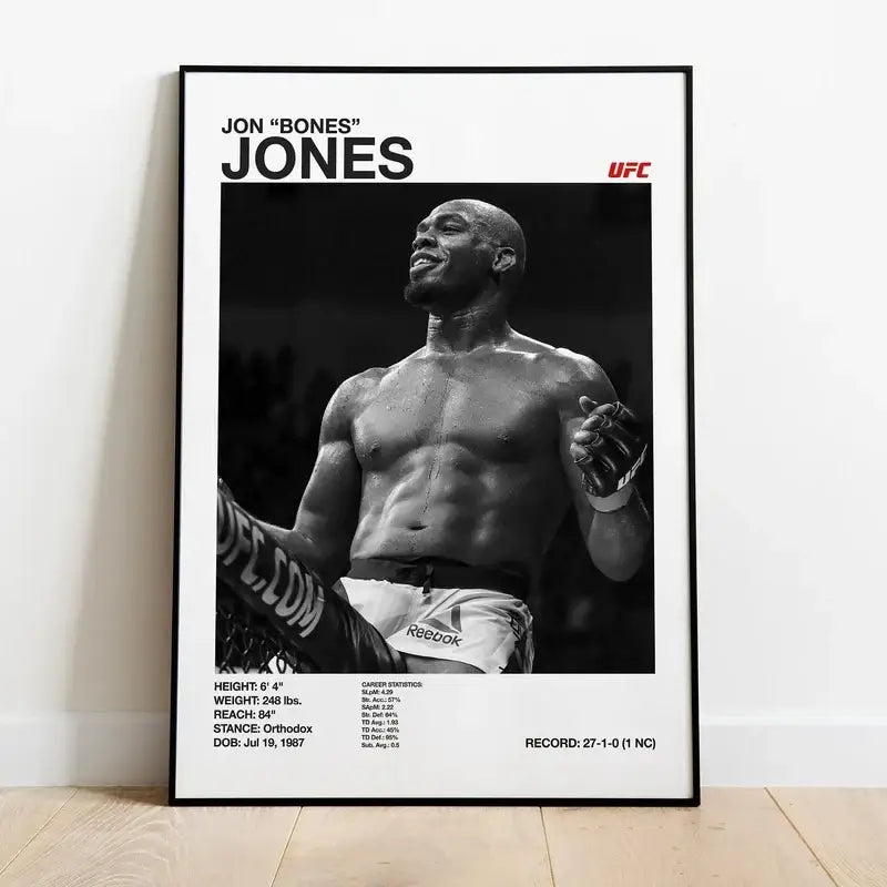 Black and white ufc canvas print of jon Bones Jones in victorious pose with stats for gym decor DecorBites™ white ufc