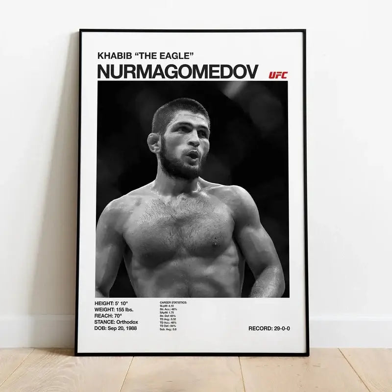 Black and white ufc canvas print featuring khabib nurmagomedov muscular pose with stats for gym decor by decorbites
