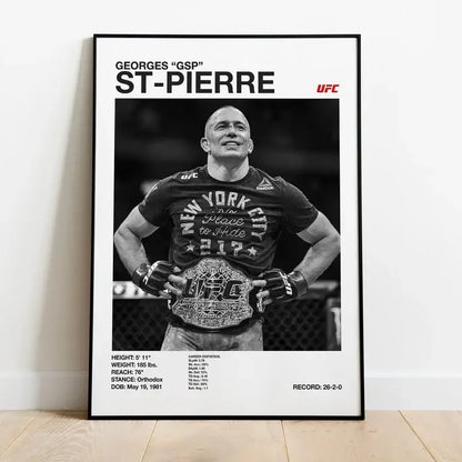 Black and white ufc canvas print of georges gsp st pierre holding championship belt for gym decor by decorbites