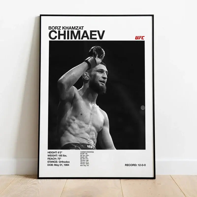 Black and white ufc canvas print featuring borz khamaev stats for gym decor by decorbites white ufc poster