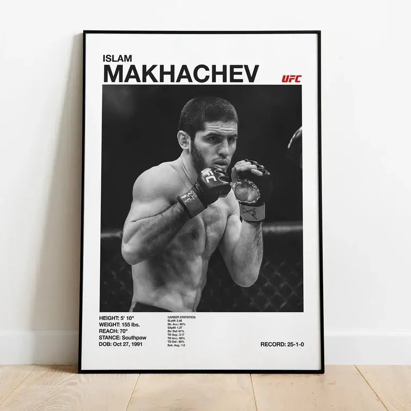 Black and white ufc canvas print of islam makhachev in fighting stance with stats for gym decor by DecorBites™