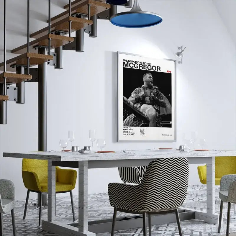 A framed black and white ufc canvas print of conor mcgregor with bold white text perfect for gym decor by decorbites