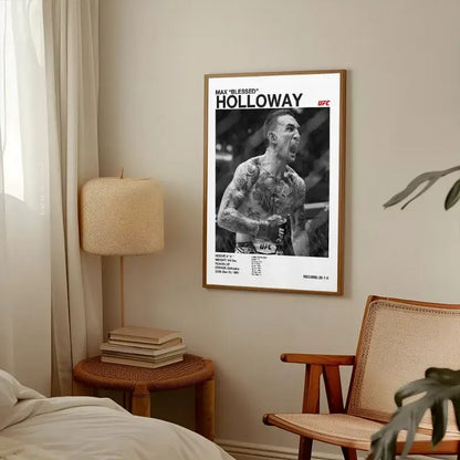 A framed black and white max holloway ufc canvas print with stats in a light wood frame for gym decor