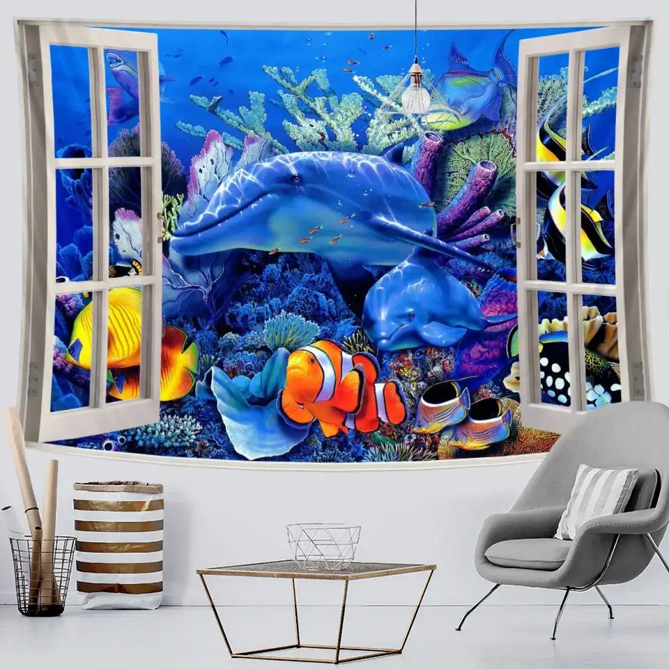 Vibrant underwater world mandala tapestry blanket featuring dolphins and tropical fish framed by white window panels for decorbites 3d underwater world mandala yoga use
