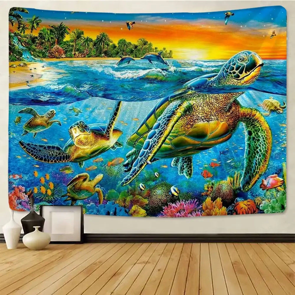 Underwater world mandala yoga mat tapestry featuring a vibrant green sea turtle and colorful coral reefs for decorbites 3d underwater decor