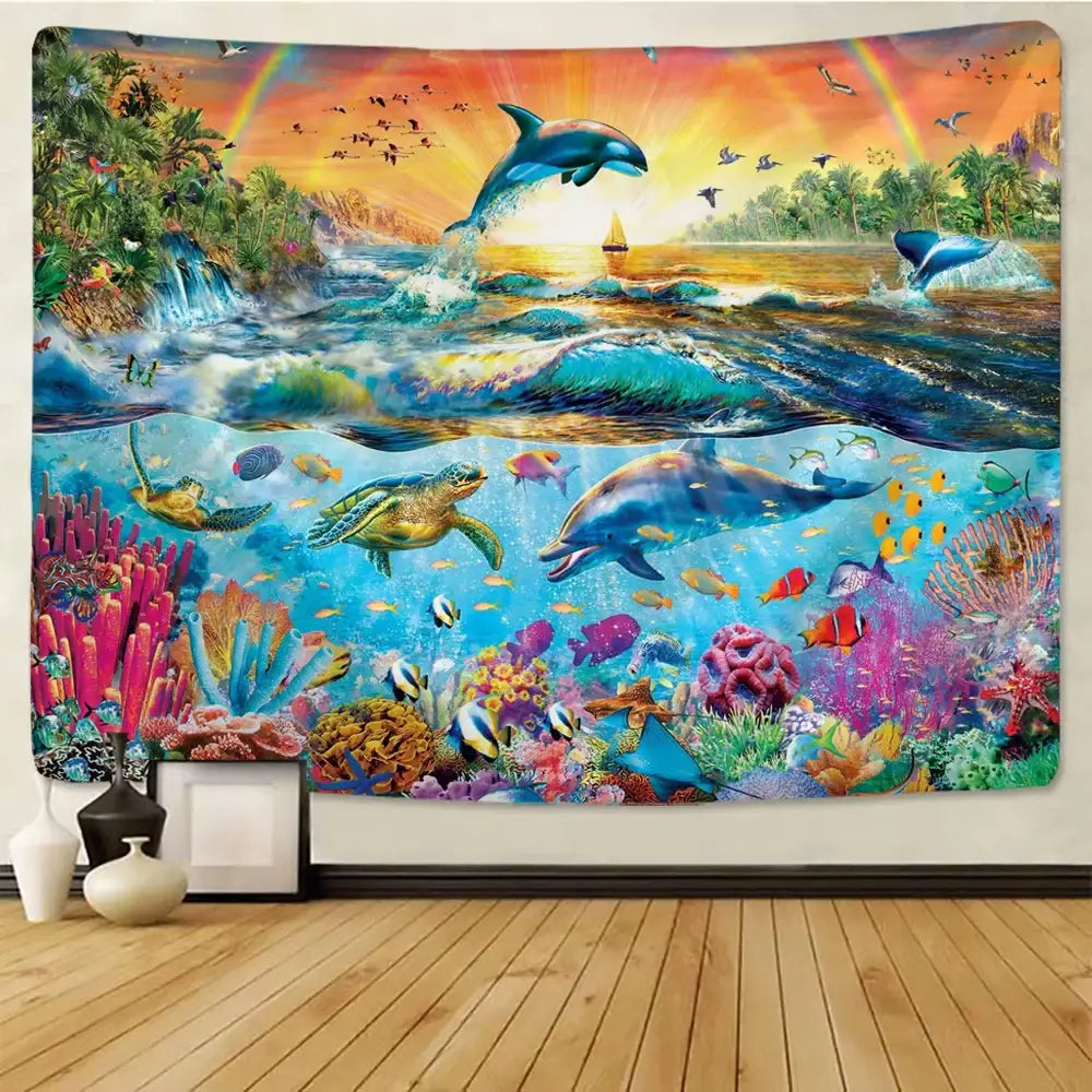 Vibrant underwater world mandala yoga mat tapestry with dolphins turtles and coral in sunlit surf and reef decorbites 3d underwater