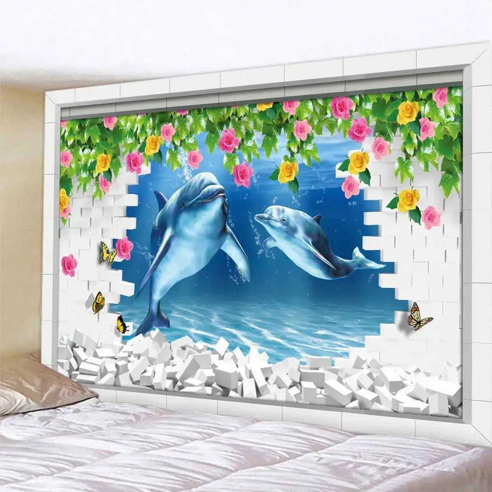 3d underwater world mandala yoga mat tapestry features blue dolphins swimming through a brick wall with roses and butterflies