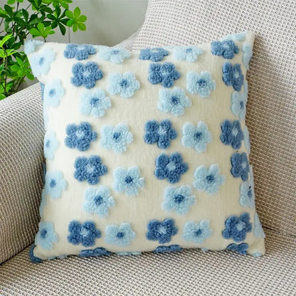 Cream-colored pillow case with raised fluffy blue floral appliqués decorbites 3d floral jacquard pillow cover