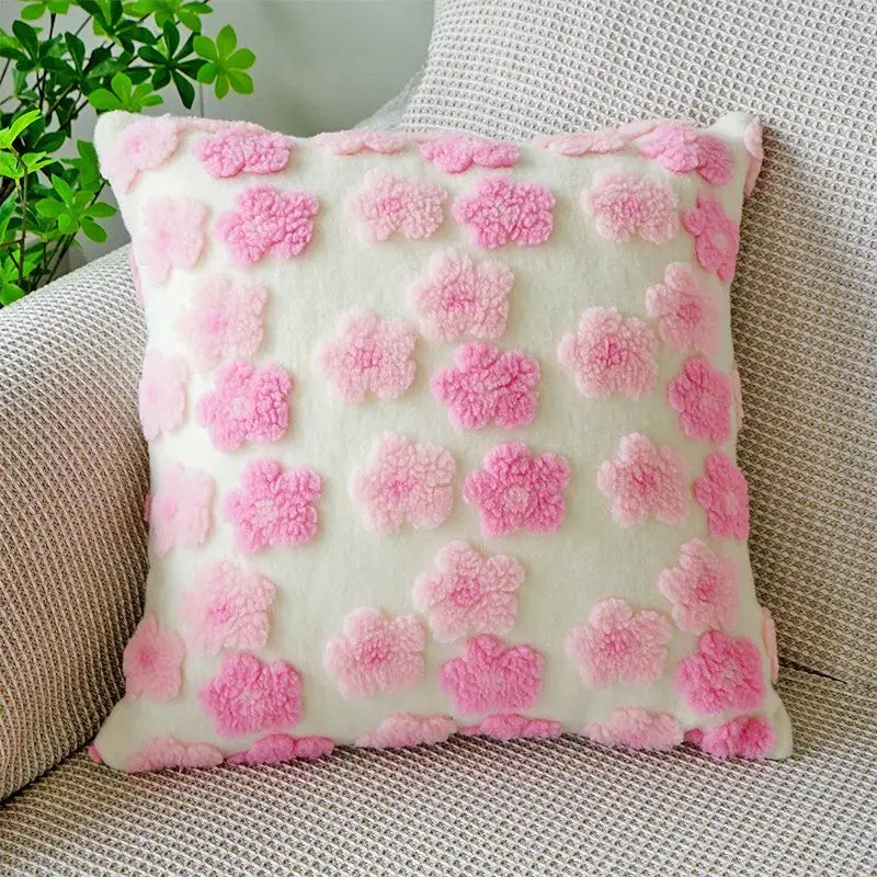 Vibrant 3d floral jacquard pillow case with raised pink floral appliqués on soft off-white cushion decorbites 3d floral