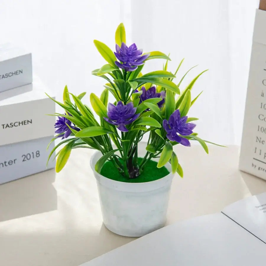 Purple artificial flowers bonsai in a white ceramic vase with green faux foliage for decorbites artificial flowers decor