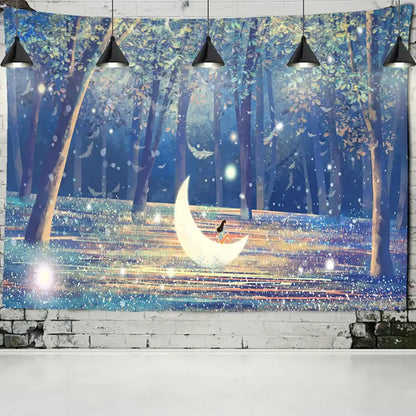 Whimsical forest-themed dinosaur age tapestry decorbites dinosaur age bedroom wall art with glowing moon and tall trees