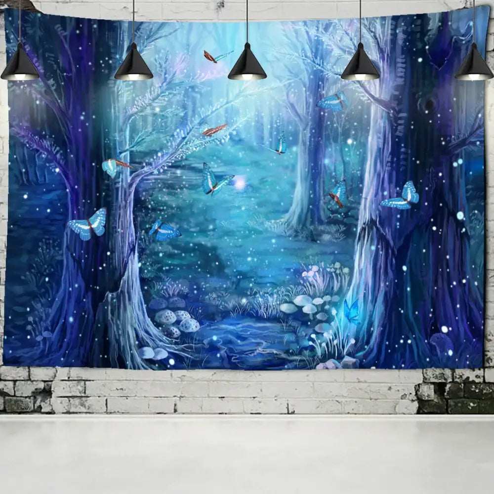 Vibrant colorful dinosaur age tapestry featuring glowing butterflies and mystical trees for bedroom wall decorbites dinosaur age decor