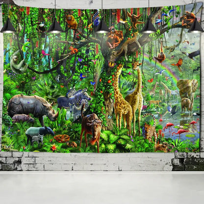 Vibrant colorful dinosaur age tapestry featuring lush green jungle decorbites dinosaur age wall art with giraffes zebras and elephants